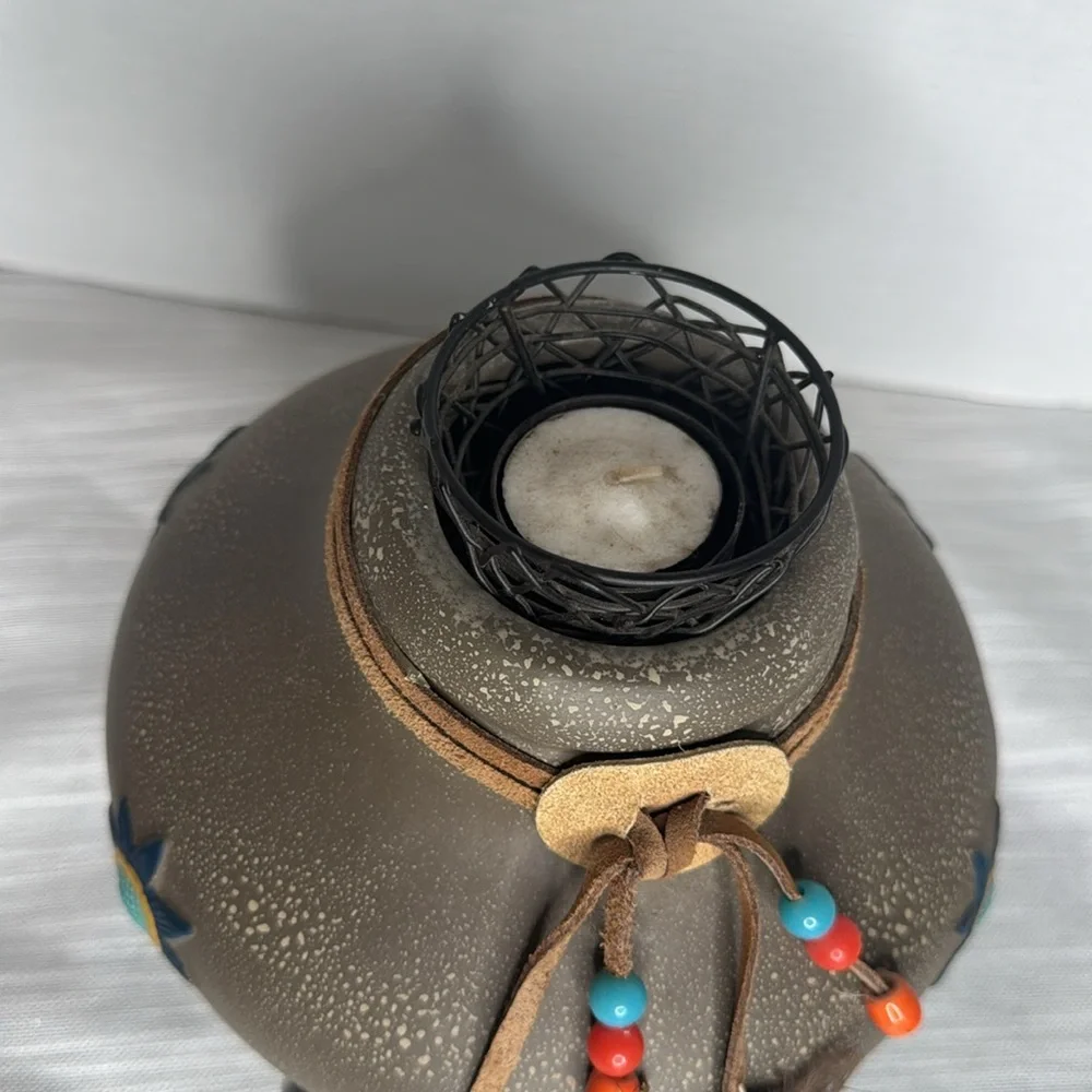 Southwestern Native American candle votive holder Pottery Hand Painted